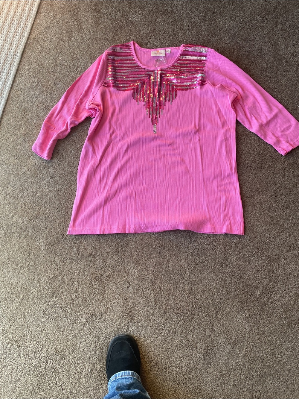 Quacker Factory Bright Pink Sequin Yoke Knit Tunic